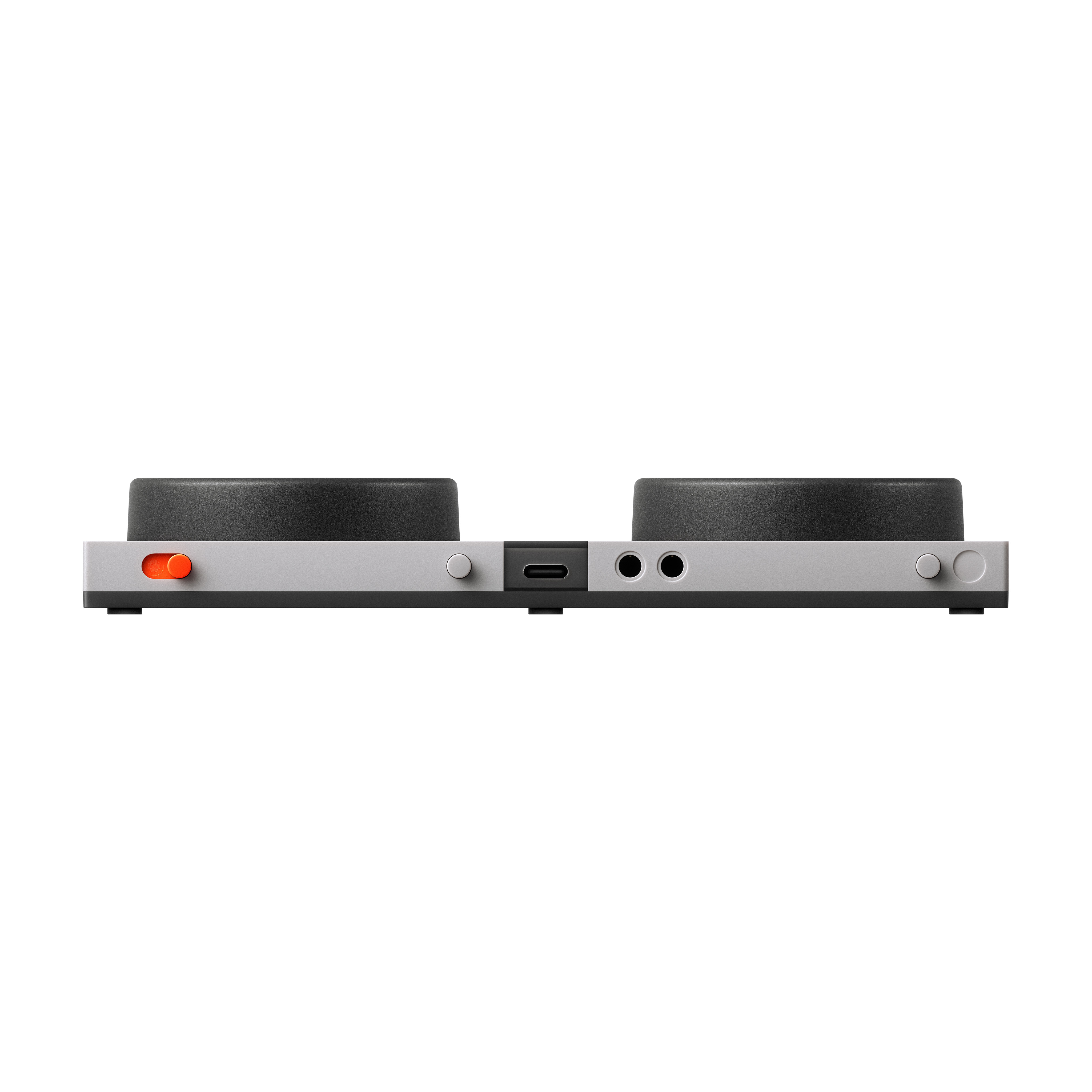 Elektronikgerät, silbernes Gehäuse, USB-C-Anschluss, Audioanschlüsse, orangefarbener Schalter